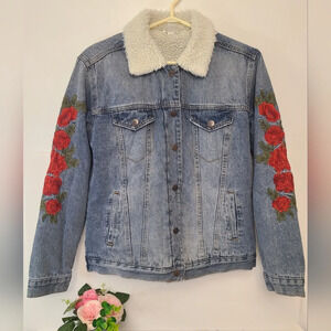 Tribal Jeans Embroidered Roses Denim Jacket, Blue, Women's Petite‎ S, Bue & Red